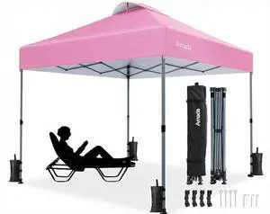 Amada 10x10 Pop Up Canopy Tent, 1-Button Push Easy-up Outdoor Canopy Beach Tent with 3-Height Adjustable Waterproof Shade Shelter, Wheeled STO-N-Go Bag 8 Stakes, 4 SandBags (Pink) Amada 10x10 Pop Up Canopy Tent, 1-Button Push Easy-up Outdoor Canopy Beach Tent with 3-Height Adjustable Waterproof Shade Shelter, Wheeled STO-N-Go Bag 8 Stakes, 4 SandBags (Pink)