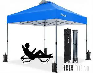 Amada 10x10 Pop Up Canopy Tent, 1-Button Push Easy-up Outdoor Canopy Beach Tent with 3-Height Adjustable Waterproof Shade Shelter, Wheeled STO-N-Go Bag 8 Stakes, 4 SandBags (Blue) Amada 10x10 Pop Up Canopy Tent, 1-Button Push Easy-up Outdoor Canopy Beach Tent with 3-Height Adjustable Waterproof Shade Shelter, Wheeled STO-N-Go Bag 8 Stakes, 4 SandBags (Blue)