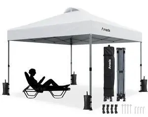 Amada 10x10 Pop Up Canopy Tent, 1-Button Push Easy-up Outdoor Canopy Beach Tent with 3-Height Adjustable Sun Shade Shelter, Wheeled STO-N-Go Bag 8 Stakes, 4 SandBags (10x10ft, White) Amada 10x10 Pop Up Canopy Tent, 1-Button Push Easy-up Outdoor Canopy Beach Tent with 3-Height Adjustable Sun Shade Shelter, Wheeled STO-N-Go Bag 8 Stakes, 4 SandBags (10x10ft, White)