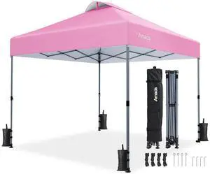 Amada 10x10 Pop Up Canopy - Center Lock One Push Instant Setup Wheeled Gazebo Outdoor Canopy Beach Tent with STO-N-Go Bag 8 Stakes & 4 Sand Bags, 3-Height Adjustable Shade Shelter (10x10ft, Pink) Amada 10x10 Pop Up Canopy - Center Lock One Push Instant Setup Wheeled Gazebo Outdoor Canopy Beach Tent with STO-N-Go Bag 8 Stakes & 4 Sand Bags, 3-Height Adjustable Shade Shelter (10x10ft, Pink)
