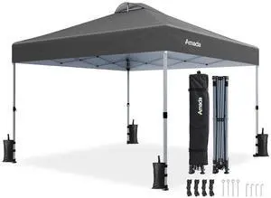 Amada 10x10 Pop Up Canopy - Center Lock One Push Instant Setup Wheeled Gazebo Outdoor Canopy Beach Tent with STO-N-Go Bag 8 Stakes & 4 Sand Bags, 3-Height Adjustable Shade Shelter (10x10ft, Grey) Amada 10x10 Pop Up Canopy - Center Lock One Push Instant Setup Wheeled Gazebo Outdoor Canopy Beach Tent with STO-N-Go Bag 8 Stakes & 4 Sand Bags, 3-Height Adjustable Shade Shelter (10x10ft, Grey)