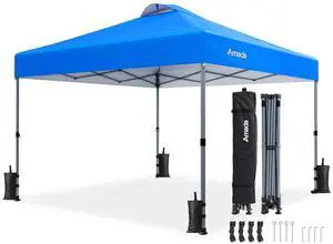 Amada 10x10 Pop Up Canopy - Center Lock One Push Instant Setup Wheeled Gazebo Outdoor Canopy Beach Tent with STO-N-Go Bag 8 Stakes & 4 Sand Bags, 3-Height Adjustable Shade Shelter (10x10ft, Blue) Amada 10x10 Pop Up Canopy - Center Lock One Push Instant Setup Wheeled Gazebo Outdoor Canopy Beach Tent with STO-N-Go Bag 8 Stakes & 4 Sand Bags, 3-Height Adjustable Shade Shelter (10x10ft, Blue)