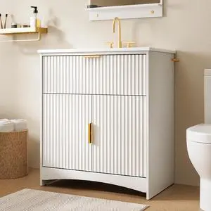 Amada 30'' Bathroom Vanity with Ceramic Sink, Modern Undermount Vanity Sink Cabinet with 2 Doors and 1 Drawer, Fluted Free Standing Bathroom Storage Cabinet with Sink Combo Set, White Amada 30'' Bathroom Vanity with Ceramic Sink, Modern Undermount Vanity Sink Cabinet with 2 Doors and 1 Drawer, Fluted Free Standing Bathroom Storage Cabinet with Sink Combo Set, White