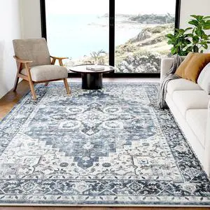AMADA HOMEFURNISHING 6x9 Area Rugs, Blue Low-Profile Washable Rug with Non-Slip Backing & Durable Edge Binding, Vintage Rugs for Living Room, Bedroom, Dinning Room AMADA HOMEFURNISHING 6x9 Area Rugs, Blue Low-Profile Washable Rug with Non-Slip Backing & Durable Edge Binding, Vintage Rugs for Living Room, Bedroom, Dinning Room