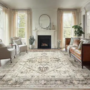 AMADA HOMEFURNISHING Washable Area Rug, Low-Profile Large Area Rug with Non-Slip Backing & Durable Edge Binding, Vintage Large Rugs for Living Room, Bedroom, Dinning Room, 8x10, Grey/Beige AMADA HOMEFURNISHING Washable Area Rug, Low-Profile Large Area Rug with Non-Slip Backing & Durable Edge Binding, Vintage Large Rugs for Living Room, Bedroom, Dinning Room, 8x10, Grey/Beige