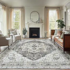 AMADA HOMEFURNISHING Grey 8x10 Area Rug, Washable Low-Profile Large Area Rug with Non-Slip Backing & Durable Edge Binding, Vintage Large Rugs for Living Room, Bedroom AMADA HOMEFURNISHING Grey 8x10 Area Rug, Washable Low-Profile Large Area Rug with Non-Slip Backing & Durable Edge Binding, Vintage Large Rugs for Living Room, Bedroom