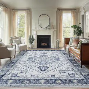 AMADA HOMEFURNISHING Washable Area Rug, Low-Profile Large Area Rug with Non-Slip Backing & Durable Edge Binding, Vintage Large Rugs for Living Room, Bedroom, Dinning Room, 8x10, Navy Blue/White AMADA HOMEFURNISHING Washable Area Rug, Low-Profile Large Area Rug with Non-Slip Backing & Durable Edge Binding, Vintage Large Rugs for Living Room, Bedroom, Dinning Room, 8x10, Navy Blue/White