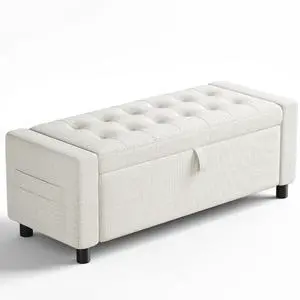 Amada 46" Storage Ottoman Bench with Safety Hinge, Hidden Compartment & Side Pocket - Upholstered End of Bed/Entryway Bench for Bedroom & Living Room, 400 lbs Weight Capacity, Beige Amada 46" Storage Ottoman Bench with Safety Hinge, Hidden Compartment & Side Pocket - Upholstered End of Bed/Entryway Bench for Bedroom & Living Room, 400 lbs Weight Capacity, Beige