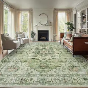 AMADA HOMEFURNISHING 9x12 Area Rug, Washable Low-Profile Large Area Rug with Non-Slip Backing & Durable Edge Binding, Vintage Large Rugs for Living Room, Bedroom AMADA HOMEFURNISHING 9x12 Area Rug, Washable Low-Profile Large Area Rug with Non-Slip Backing & Durable Edge Binding, Vintage Large Rugs for Living Room, Bedroom
