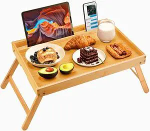 Bamboo Bed Tray Table, Large Breakfast Tray with Folding Legs, Multipurpose Serving Tray Use As Portable Laptop Snack Table, for Working, Eating, Reading by Pipishell Bamboo Bed Tray Table, Large Breakfast Tray with Folding Legs, Multipurpose Serving Tray Use As Portable Laptop Snack Table, for Working, Eating, Reading by Pipishell