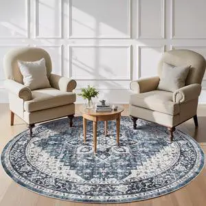 AMADA HOMEFURNISHING Round 8ft Area Rugs, Low-Profile Washable Rug with Non-Slip Backing & Durable Edge Binding, Vintage Rugs for Living Room, Bedroom, Dinning Room AMADA HOMEFURNISHING Round 8ft Area Rugs, Low-Profile Washable Rug with Non-Slip Backing & Durable Edge Binding, Vintage Rugs for Living Room, Bedroom, Dinning Room