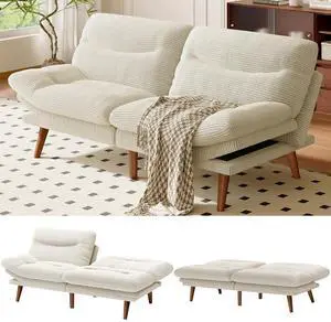 AMADA 66"Convertible Futon Sofa Bed, Corduroy Folding Futon Set with Adjustable Backrest &Armrests, Recliner Lounge for Living Room, Apartment or Office, Solid Wood Frame, Loveseat Sofa - Beige White AMADA 66"Convertible Futon Sofa Bed, Corduroy Folding Futon Set with Adjustable Backrest &Armrests, Recliner Lounge for Living Room, Apartment or Office, Solid Wood Frame, Loveseat Sofa - Beige White