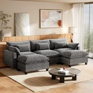 Amada Modular Sectional Sofa, 110.6" U Shaped Cloud Couch with Deep Seats, Chenille 5-Seat Sofa with Movable Ottomans and Throw Pillows for Living Room, Apartment, Light Gray Amada Modular Sectional Sofa, 110.6" U Shaped Cloud Couch with Deep Seats, Chenille 5-Seat Sofa with Movable Ottomans and Throw Pillows for Living Room, Apartment, Light Gray