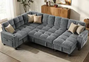 AMADA HOMEFURNISHING 110 Modular Sectional Sleeper Sofa with Pull Out Couch, U Shaped 7 Seat Sectional Sofa with Storage, USB Ports & Cup Holders, Chenille Cloud Couches for Living Room, Light Gray AMADA HOMEFURNISHING 110 Modular Sectional Sleeper Sofa with Pull Out Couch, U Shaped 7 Seat Sectional Sofa with Storage, USB Ports & Cup Holders, Chenille Cloud Couches for Living Room, Light Gray