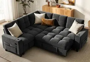 AMADA HOMEFURNISHING 85 Modular Sectional Sleeper Sofa with Pull Out Couch, U Shaped 5 Seat Sectional Sofa with Storage, USB Ports & Cup Holders, Chenille Cloud Couches for Living Room, Dark Grey AMADA HOMEFURNISHING 85 Modular Sectional Sleeper Sofa with Pull Out Couch, U Shaped 5 Seat Sectional Sofa with Storage, USB Ports & Cup Holders, Chenille Cloud Couches for Living Room, Dark Grey