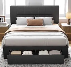 Pipishell Queen Bed Frame with 2 Storage Drawers, 12 Sturdy Legs, Solid Wooden Bed Base with Upholstered Headboard for 6 to 12 Mattresses, 1300 lbs High Weight Capacity, Easy Assembly, Dark Gray Pipishell Queen Bed Frame with 2 Storage Drawers, 12 Sturdy Legs, Solid Wooden Bed Base with Upholstered Headboard for 6 to 12 Mattresses, 1300 lbs High Weight Capacity, Easy Assembly, Dark Gray