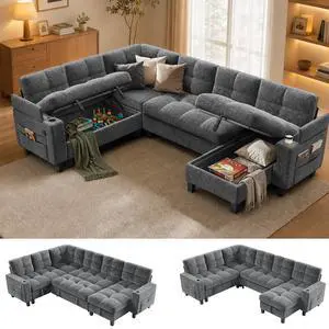 Pipishell 110 Inch Sectional Sleeper Sofa, Modular Sectional Sofa with Pull Out Bed, Storage, USB Ports & Cup Holders, Sectional Couches for Living Room, 7 Seat Chenille Cloud Couch, Light Gray Pipishell 110 Inch Sectional Sleeper Sofa, Modular Sectional Sofa with Pull Out Bed, Storage, USB Ports & Cup Holders, Sectional Couches for Living Room, 7 Seat Chenille Cloud Couch, Light Gray