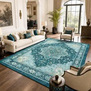 AMADA HOMEFURNISHING 8x10 Area Rug for Living Room, Vintage Washable Area Rug Low-Pile & Non-Slip Carpet for Bedroom Dining Room Nursery Home Office, Teal Blue AMADA HOMEFURNISHING 8x10 Area Rug for Living Room, Vintage Washable Area Rug Low-Pile & Non-Slip Carpet for Bedroom Dining Room Nursery Home Office, Teal Blue