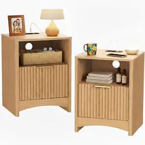 Pipishell Nightstands Set of 2 with Charging Station, Fluted Bedside Table with Storage & Drawers, Modern End Tables with USB & AC Outlets, Small Wood Night Stand for Bedroom, Light Oak Pipishell Nightstands Set of 2 with Charging Station, Fluted Bedside Table with Storage & Drawers, Modern End Tables with USB & AC Outlets, Small Wood Night Stand for Bedroom, Light Oak