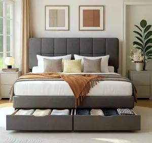 Pipishell Upholstered Full Bed Frame with 2 Storage Drawers - Adjustable Headboard Solid Wood Platform Bed, 12 Support Legs, 1300 lbs Weight Capacity, Fits 614 Mattresses, Easy Assembly, Grey Pipishell Upholstered Full Bed Frame with 2 Storage Drawers - Adjustable Headboard Solid Wood Platform Bed, 12 Support Legs, 1300 lbs Weight Capacity, Fits 614 Mattresses, Easy Assembly, Grey