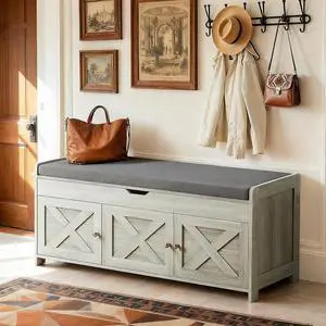 Amada Farmhouse Shoe Storage Bench with Cushion, 3 Doors & Lift-Top Storage, Adjustable Shelves, 300 lbs Capacity Entryway Bench for Bedroom, Living Room, Wash Grey Amada Farmhouse Shoe Storage Bench with Cushion, 3 Doors & Lift-Top Storage, Adjustable Shelves, 300 lbs Capacity Entryway Bench for Bedroom, Living Room, Wash Grey