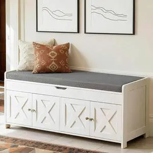 Amada Shoe Storage Bench with Cushion, 47.2" Long Entryway Bench with Lift Top Storage, 4-Door Shoe Bench with Adjustable Shelves, 300 lb Capacity for Entryway, Bedroom, Living Room, Classic White Amada Shoe Storage Bench with Cushion, 47.2" Long Entryway Bench with Lift Top Storage, 4-Door Shoe Bench with Adjustable Shelves, 300 lb Capacity for Entryway, Bedroom, Living Room, Classic White