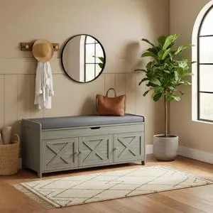 Pipishell Shoe Storage Bench, 2-Tier Shoe Bench with Cushioned Seat, Entryway Bench with Adjustable Shelf & Barn Doors, 300 lbs Capacity, 39.4" x 15" x 18", for Entryway, Bedroom, Living Room, Gray Pipishell Shoe Storage Bench, 2-Tier Shoe Bench with Cushioned Seat, Entryway Bench with Adjustable Shelf & Barn Doors, 300 lbs Capacity, 39.4" x 15" x 18", for Entryway, Bedroom, Living Room, Gray