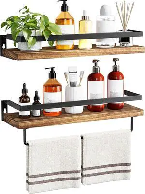 AMADA HOMEFURNISHING Bathroom Shelves with Towel Bar, Floating Shelves, Wall Shelves for Bathroom/Living Room/Kitchen/Bedroom, Rustic Brown, Set of 2 - AMFS01BN AMADA HOMEFURNISHING Bathroom Shelves with Towel Bar, Floating Shelves, Wall Shelves for Bathroom/Living Room/Kitchen/Bedroom, Rustic Brown, Set of 2 - AMFS01BN