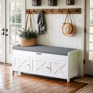 Pipishell Shoe Storage Bench with Cushion Seat, 2-Tier Farmhouse Entryway Bench with Adjustable Shelf & Barn Doors, Shoe Rack for Living Room, Bedroom, 16" D x 39.4" W x 18" H, 300 lbs Capacity, White Pipishell Shoe Storage Bench with Cushion Seat, 2-Tier Farmhouse Entryway Bench with Adjustable Shelf & Barn Doors, Shoe Rack for Living Room, Bedroom, 16" D x 39.4" W x 18" H, 300 lbs Capacity, White