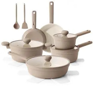 Ceramic Nonstick Pots and Pans Set 17pcs, Healthy Induction Cookware Set, Nontoxic Kitchen Cooking Set with Skillets & Saucepans, Stay-cool Handles, PFAS PTFE PFOA PFOS Free,Taupe Ceramic Nonstick Pots and Pans Set 17pcs, Healthy Induction Cookware Set, Nontoxic Kitchen Cooking Set with Skillets & Saucepans, Stay-cool Handles, PFAS PTFE PFOA PFOS Free,Taupe