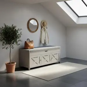 Pipishell 2-Tier Storage Bench with Cushion Seat & Hidden Storage Under Seat, Entryway Bench with 3 Barn Doors, Adjustable Shelf, 16" D x 39.4" W x 18" H, for Entryway, Living Room, Bedroom, Gray Pipishell 2-Tier Storage Bench with Cushion Seat & Hidden Storage Under Seat, Entryway Bench with 3 Barn Doors, Adjustable Shelf, 16" D x 39.4" W x 18" H, for Entryway, Living Room, Bedroom, Gray