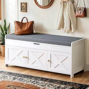 Amada Shoe Storage Bench, Entryway Bench with Cushioned Seat & Lift Top Storage, 3 Doors, Adjustable Shelf, 300 lbs Capacity, Bench with Shoe Rack for Entryway, Bedroom, Living Room, White Amada Shoe Storage Bench, Entryway Bench with Cushioned Seat & Lift Top Storage, 3 Doors, Adjustable Shelf, 300 lbs Capacity, Bench with Shoe Rack for Entryway, Bedroom, Living Room, White