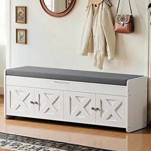 Amada Shoe Storage Bench, 47.2" Long Entryway Bench with Cushioned Seat & Lift Top Storage, 4 Doors, Adjustable Shelf, 300 lbs Capacity, Bench with Shoe Rack for Entryway, Bedroom, Living Room, White Amada Shoe Storage Bench, 47.2" Long Entryway Bench with Cushioned Seat & Lift Top Storage, 4 Doors, Adjustable Shelf, 300 lbs Capacity, Bench with Shoe Rack for Entryway, Bedroom, Living Room, White