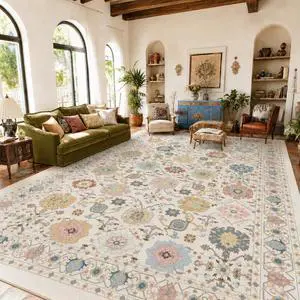 AMADA HOMEFURNISHING 9x12 Area Rug for Living Room, Vintage Washable Area Rug Low-Pile & Non-Slip Carpet for Bedroom Dining Room Nursery Home Office, Beige/Multi AMADA HOMEFURNISHING 9x12 Area Rug for Living Room, Vintage Washable Area Rug Low-Pile & Non-Slip Carpet for Bedroom Dining Room Nursery Home Office, Beige/Multi