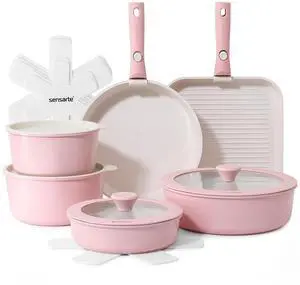 17 Piece Ceramic Pots and Pans Set, Nonstick Detachable Handle Cookware, Induction Kitchen Cookware Set with Removable Handle, Dishwasher Oven Safe (Pink) 17 Piece Ceramic Pots and Pans Set, Nonstick Detachable Handle Cookware, Induction Kitchen Cookware Set with Removable Handle, Dishwasher Oven Safe (Pink)
