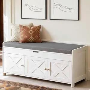 Amada Farmhouse Shoe Storage Bench with Cushion, 3 Doors & Lift-Top Storage, Adjustable Shelves, 300 lbs Capacity Entryway Bench for Bedroom, Living Room, Classic White Amada Farmhouse Shoe Storage Bench with Cushion, 3 Doors & Lift-Top Storage, Adjustable Shelves, 300 lbs Capacity Entryway Bench for Bedroom, Living Room, Classic White