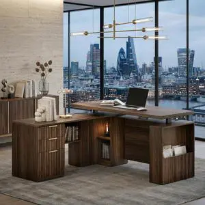 AMADA HOMEFURNISHING 63 Inch L Shaped Electric Standing Desk with Drawers, Height Adjustable Executive Desk with File Cabinet, AC/USB Charging Ports, Privacy Panel, 1.18" Thick Desktop, Dark Walnut AMADA HOMEFURNISHING 63 Inch L Shaped Electric Standing Desk with Drawers, Height Adjustable Executive Desk with File Cabinet, AC/USB Charging Ports, Privacy Panel, 1.18" Thick Desktop, Dark Walnut