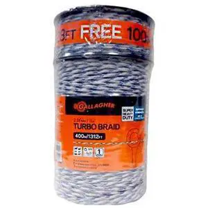 Gallagher Electric Fence Turbo Braid |Bonus Pack -1312 Ft Plus Free 328 Foot Roll |9 Mixed Metal Braided Strands for Reliable High Conductivity and Rust Resistance | 7/64" Highly Visible Striped Braid Gallagher Electric Fence Turbo Braid |Bonus Pack -1312 Ft Plus Free 328 Foot Roll |9 Mixed Metal Braided Strands for Reliable High Conductivity and Rust Resistance | 7/64" Highly Visible Striped Braid