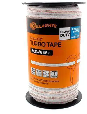 Gallagher 1/2" x 656' Electric Fence Turbo Polytape with Copper and Stainless Steel Strands | 34x More Conductivity Than Standard Polytape | Electric Fencing for Horses and Livestock Gallagher 1/2" x 656' Electric Fence Turbo Polytape with Copper and Stainless Steel Strands | 34x More Conductivity Than Standard Polytape | Electric Fencing for Horses and Livestock