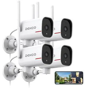 DEKCO 4 Pack Wired Home Camera Outdoor with 2K Color Night Vision, Pan Rotating 180° Security Cameras Support 24/7 Recording, 2.4GHz WiFi, AI Human Auto Tracking, Work with Alexa/Google Assistant DEKCO 4 Pack Wired Home Camera Outdoor with 2K Color Night Vision, Pan Rotating 180° Security Cameras Support 24/7 Recording, 2.4GHz WiFi, AI Human Auto Tracking, Work with Alexa/Google Assistant