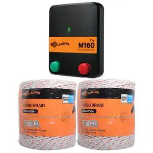 Gallagher M160 Electric AC Fence Charger with Two Rolls of 656' x 3/16" Electric Turbo Equine Braid Horse Fencing Bundle Gallagher M160 Electric AC Fence Charger with Two Rolls of 656' x 3/16" Electric Turbo Equine Braid Horse Fencing Bundle