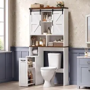 Farmhouse Over The Toilet Storage Cabinet with Pulley, Slide Barn Doors Bathroom Storage Cabinet, Space Saver W/Adjustable Shelf & Open Shelf for Bathroom, Restroom, Laundry (White Brown-Type A) Farmhouse Over The Toilet Storage Cabinet with Pulley, Slide Barn Doors Bathroom Storage Cabinet, Space Saver W/Adjustable Shelf & Open Shelf for Bathroom, Restroom, Laundry (White Brown-Type A)