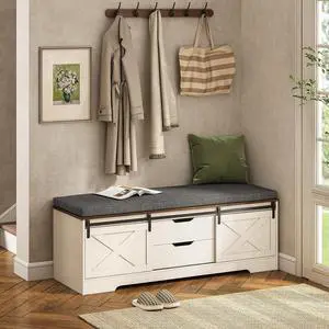 60 Farmhouse Storage Bench with Cushion, Shoe Rack with Slide Barn Doors, Adjustable Shelf and 2 Drawer for Entry, Bedroom, Closet, Living Room, Hallway (White Brown, 60 in) 60 Farmhouse Storage Bench with Cushion, Shoe Rack with Slide Barn Doors, Adjustable Shelf and 2 Drawer for Entry, Bedroom, Closet, Living Room, Hallway (White Brown, 60 in)