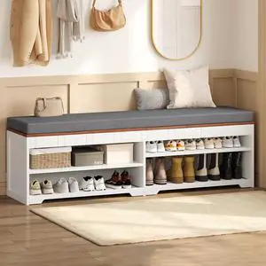 60" Farmhouse 2-Tier Storage Bench with Drawer, Entryway Bench & End of Bed, Lift-Top Storage Chest, Cushion, Adjustable Shelf for Entryway, Bedroom, Living Room (White) 60" Farmhouse 2-Tier Storage Bench with Drawer, Entryway Bench & End of Bed, Lift-Top Storage Chest, Cushion, Adjustable Shelf for Entryway, Bedroom, Living Room (White)