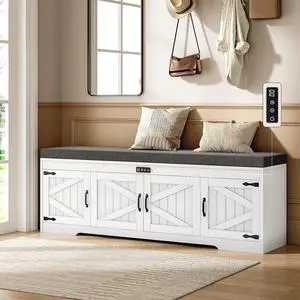 60 Farmhouse Shoe Storage Bench with Deodorizing, Entryway Storage Bench with Cushion Seat, 4 Doors Freestanding Hidden Shoe Rack, Adjustable Shelf, for Bedroom, Living Room (White, 60IN) 60 Farmhouse Shoe Storage Bench with Deodorizing, Entryway Storage Bench with Cushion Seat, 4 Doors Freestanding Hidden Shoe Rack, Adjustable Shelf, for Bedroom, Living Room (White, 60IN)