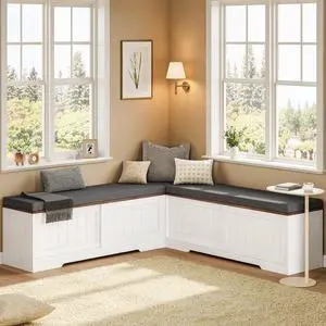 Farmhouse L Shaped Corner Shoe Storage Bench with Cushion Entryway Shoe Rack with Slide Barn Doors, Adjustable Shelf and 1 Cabinet for Entryway Dining Room, Kitchen, Bedroom (White-Brown) Farmhouse L Shaped Corner Shoe Storage Bench with Cushion Entryway Shoe Rack with Slide Barn Doors, Adjustable Shelf and 1 Cabinet for Entryway Dining Room, Kitchen, Bedroom (White-Brown)