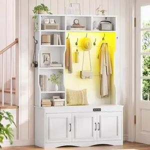 Hall Tree with Deodorizing, Entryway Bench Shoe Storage, Coat Racks, Led Lights, 7 Coat Hooks, 7 Storage Cubbies, Adjustable Shelf (White) Hall Tree with Deodorizing, Entryway Bench Shoe Storage, Coat Racks, Led Lights, 7 Coat Hooks, 7 Storage Cubbies, Adjustable Shelf (White)