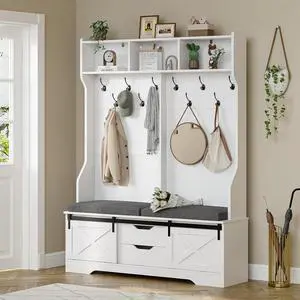 Hall Tree with Bench and Shoe Storage, Entryway Bench with Coat Rack, Modern Farm House Barn Door 3-in-1 Hall Tree with Storage Cushioned Stool and Hooks for Hallway, Living Room (60IN) Hall Tree with Bench and Shoe Storage, Entryway Bench with Coat Rack, Modern Farm House Barn Door 3-in-1 Hall Tree with Storage Cushioned Stool and Hooks for Hallway, Living Room (60IN)