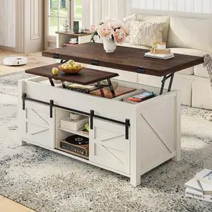 Lift Top Coffee Table for Living Room with 4 Sliding Barn Doors, 4 in 1 Farmhouse Coffee Table with Adjustable Shelves and Hidden Storage Compartment, Converts to Dining Table (Brown White) Lift Top Coffee Table for Living Room with 4 Sliding Barn Doors, 4 in 1 Farmhouse Coffee Table with Adjustable Shelves and Hidden Storage Compartment, Converts to Dining Table (Brown White)