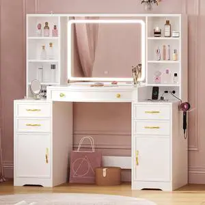 47.2" Large Vanity Table with LED Mirror, Make Up Vanity with Built-in Charging Station,5 Drawers,2 Cabinets,6 Open Shelves (2 Adjustable) & Hairdryer Rack, Vanity Desk for Bedroom 47.2" Large Vanity Table with LED Mirror, Make Up Vanity with Built-in Charging Station,5 Drawers,2 Cabinets,6 Open Shelves (2 Adjustable) & Hairdryer Rack, Vanity Desk for Bedroom